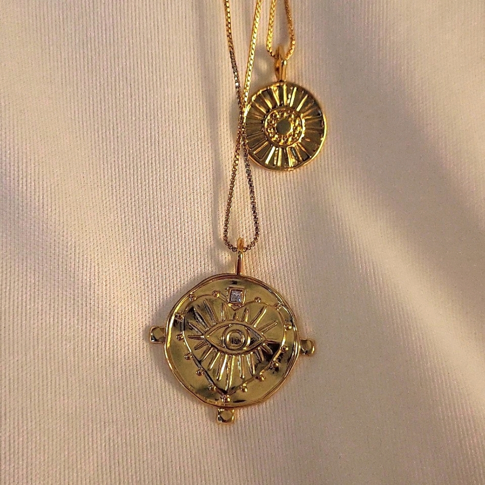 EVIL EYE DOUBLE COIN NECKLACE- GOLD